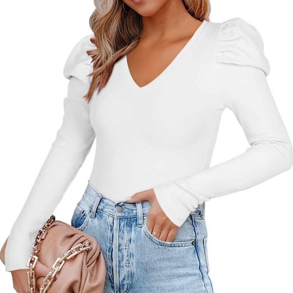Women v neck Puff long sleeve top white